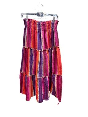 Striped Tiered Boho Midi Skirt - Pink & Purple